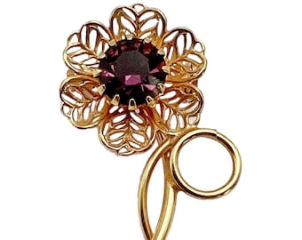 Vintage Gold Tone Metal and Purple Rhinestone Flower Brooch
