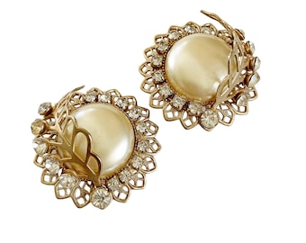 Pendientes vintage con clip de flores de diamantes de imitación y perlas