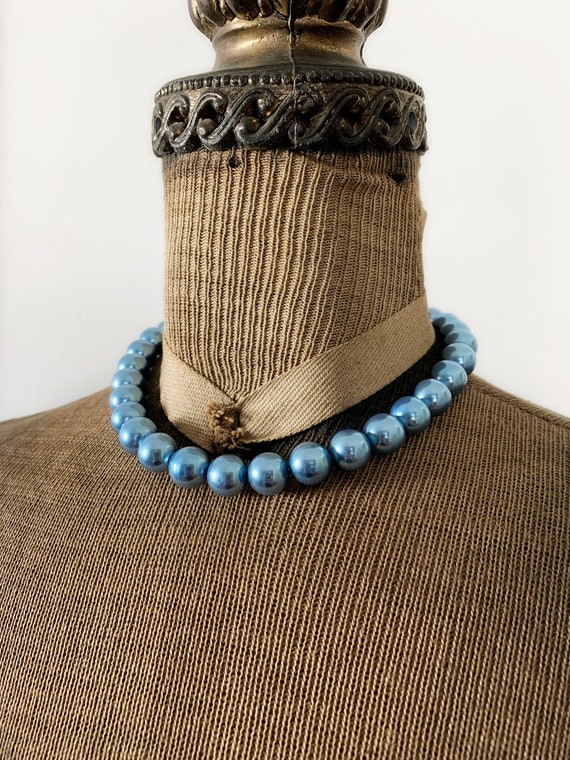 Vintage Blue Pearlescent Plastic Bead Choker Neck… - image 1