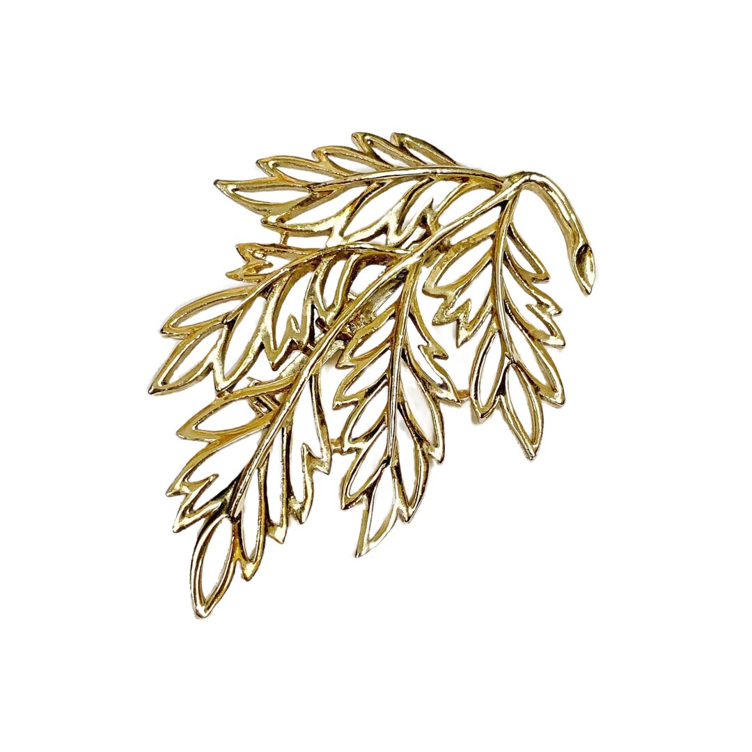 Broche Ancienne En Métal Doré Motif Feuilles - Occasion