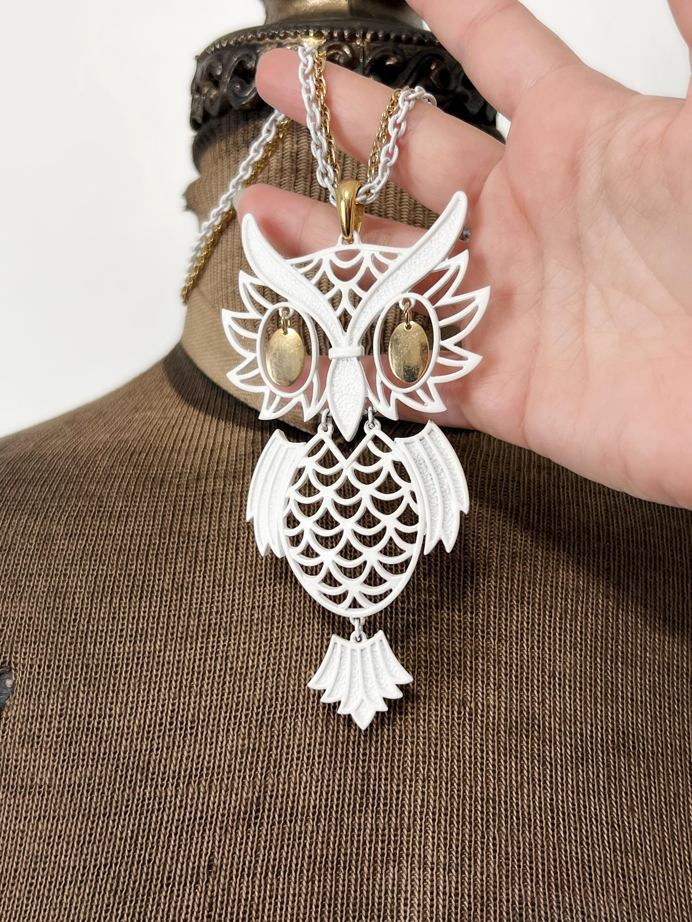 Vintage 1970s Articulated Owl Pendant Double Strand Necklace White