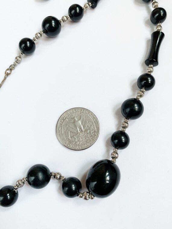 Vintage Black and Silver Plastic Beaded Necklace - image 4