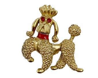 Vintage Poodle Brooch Gold Tone Metal with Red Rhinestone Eyes