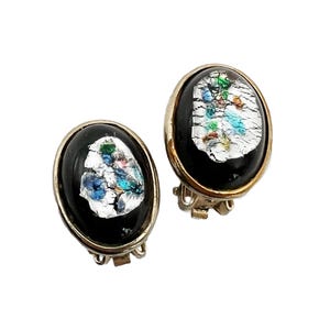 Vintage Oval Glass Cabochon Clip On Earrings with Metallic Paint Center