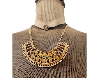 Vintage Gold Tone Metal and Green Rhinestone Statement Bib Necklace