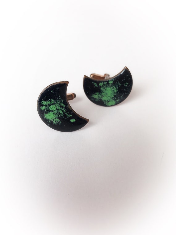 Vintage Copper Enamel Green and Black Crescent Mo… - image 1