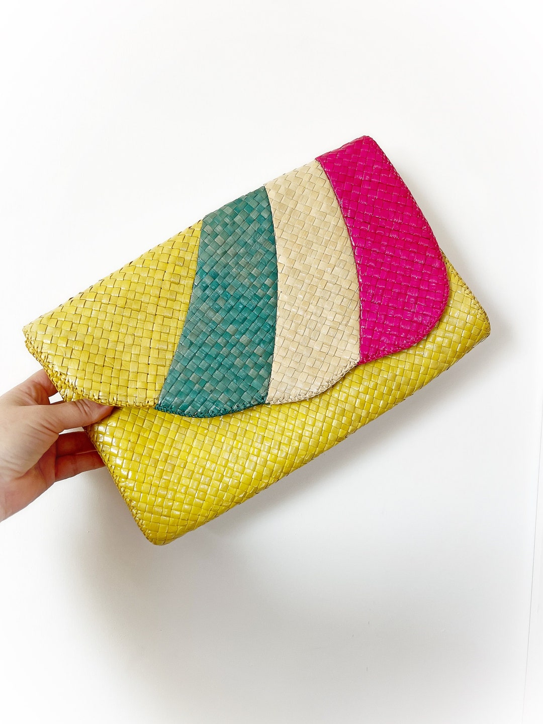 Vintage Straw Clutch Purse Dyed Yellow Blue Natural and Etsy