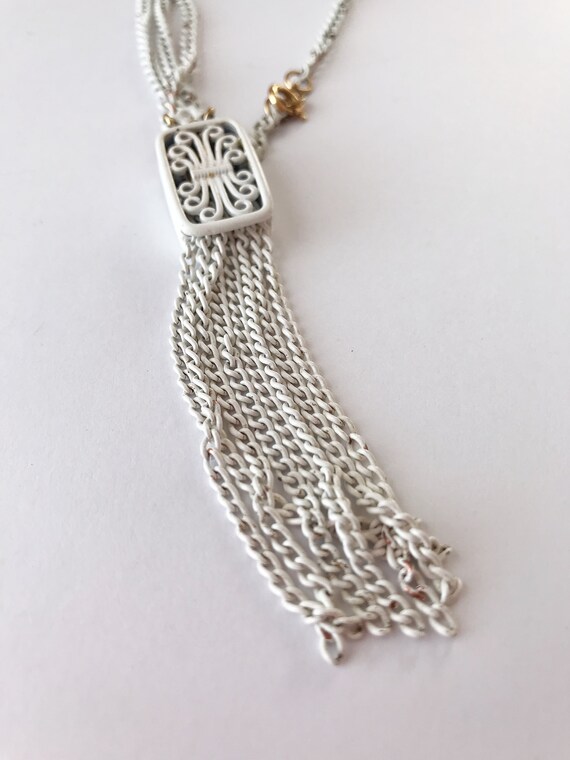 Vintage White Enamel Tassel Necklace - image 6