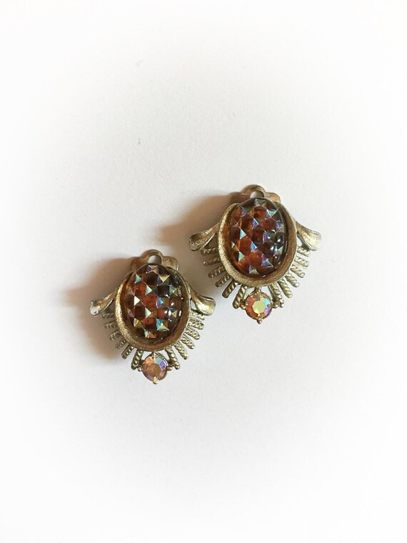 Vintage Coro Amber Iridescent Rhinestone Earrings… - image 1