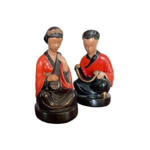 Vintage MidCentury Alexander Backer CO ABCO Chalkware Asian Man and Woman Figurines Red and Black Outfits