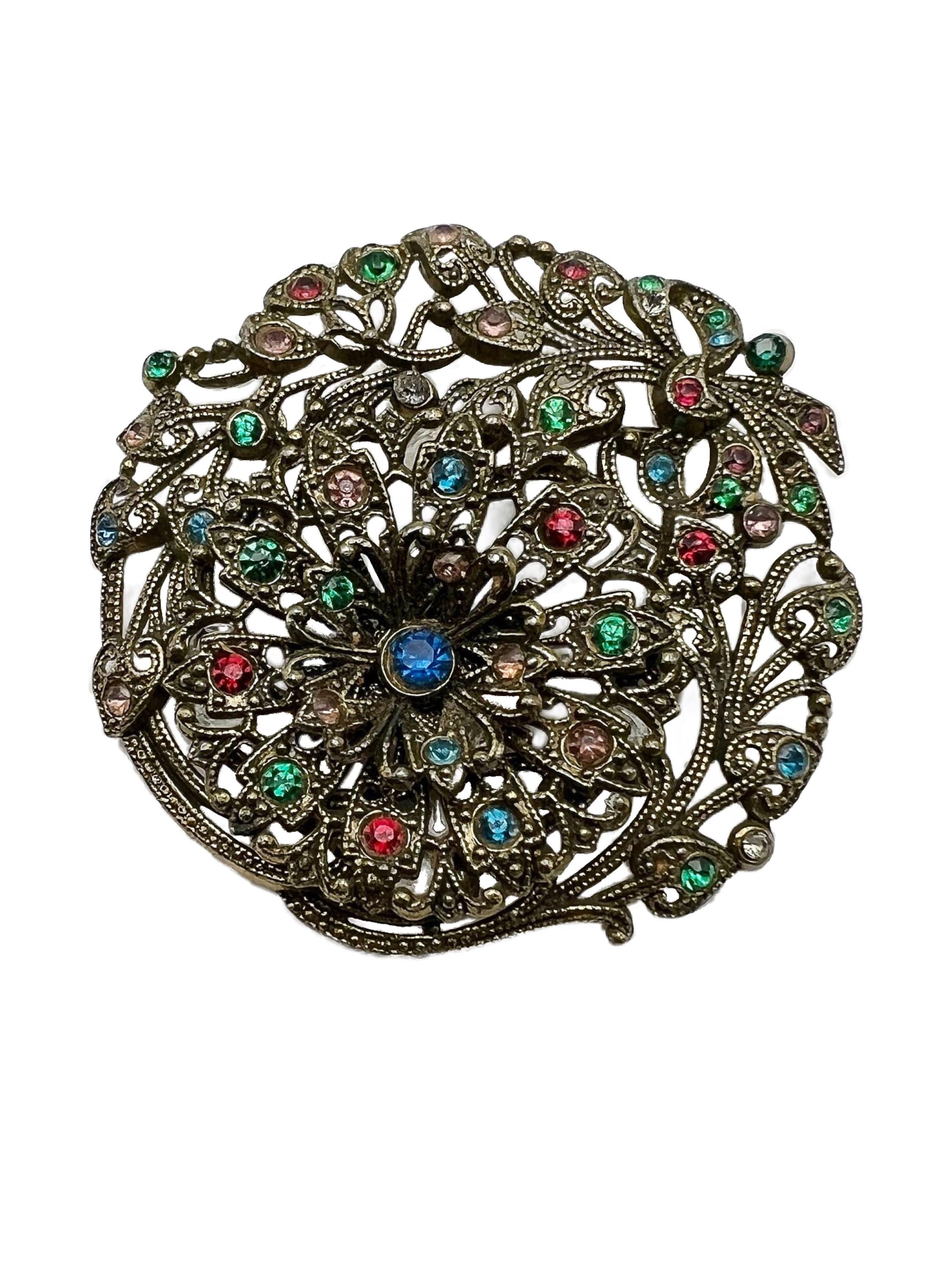 Vintage Flower Brooch With Multi Color Rhinestones - Etsy