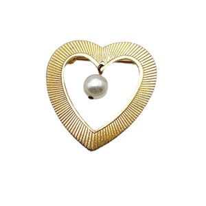 Vintage Gold Tone Metal Heart Brooch with Faux Pearl Dangling Charm