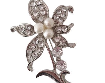 Vintage Faux Pearl and Rhinestone Flower Brooch