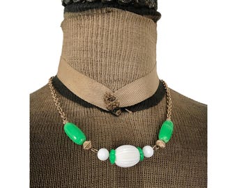 Vintage 1970s Choker Necklace Avon  Plastic Green and White Beads Gold Tone Metal