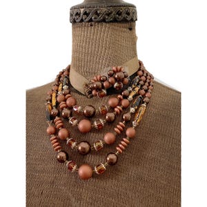Vintage Brown Pearlescent Plastic Bead Jewelry Set Clip On Earrings and Choker Necklace