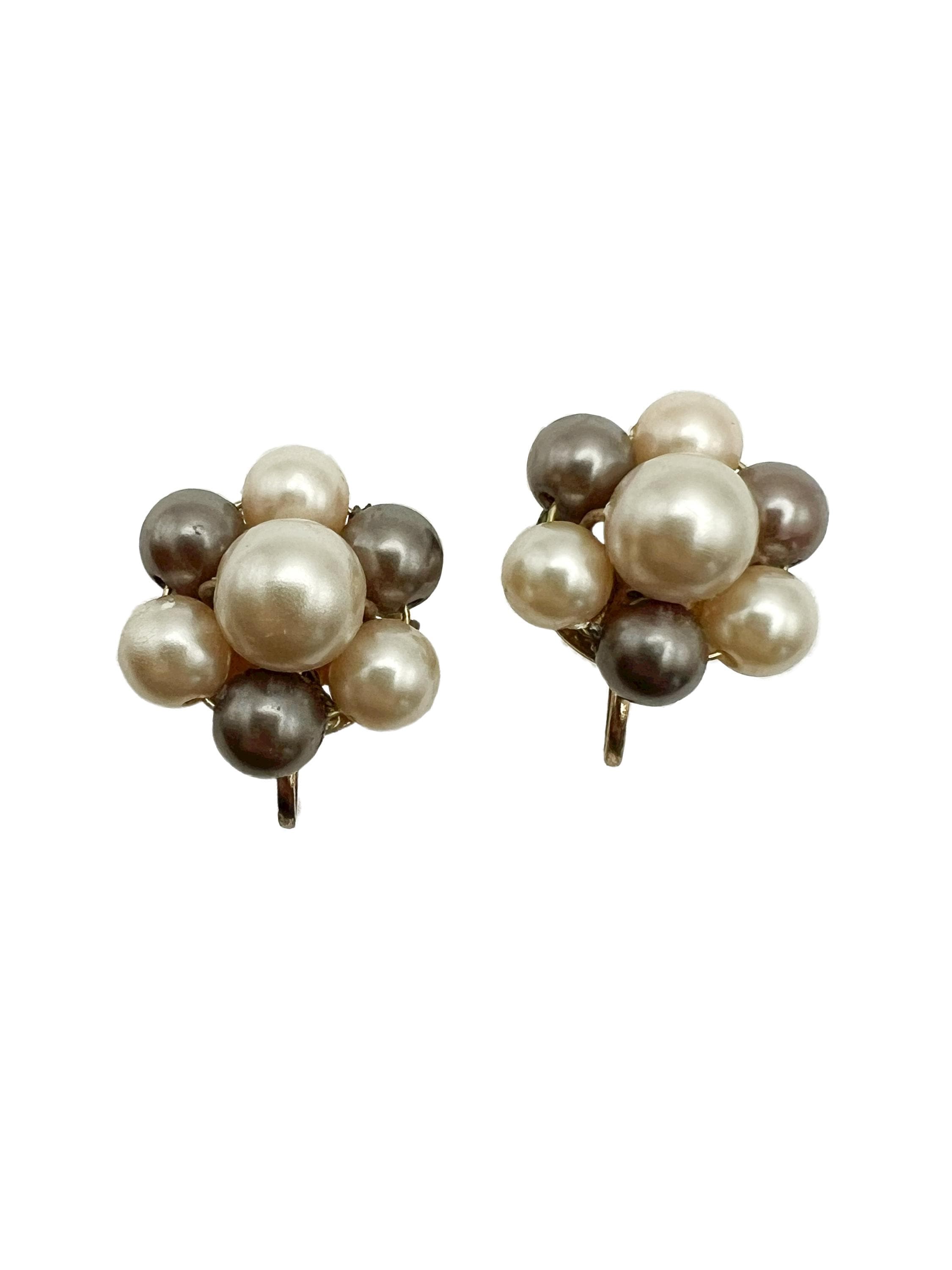 Vintage Faux Pearl Cluster Earrings Screw Backs Brown and Tan