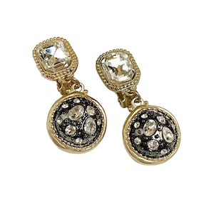 Vintage 1990s Dangle Clip On Earrings Charcoal Gray and Gold Tone Metal with White Rhinestones