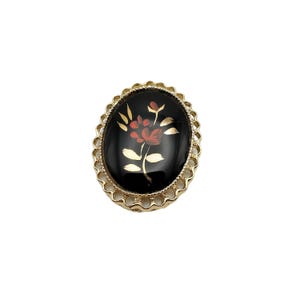 Vintage Black Oval Cabochon Brooch in Gold Tone Metal Frame Orange Painted Flowers