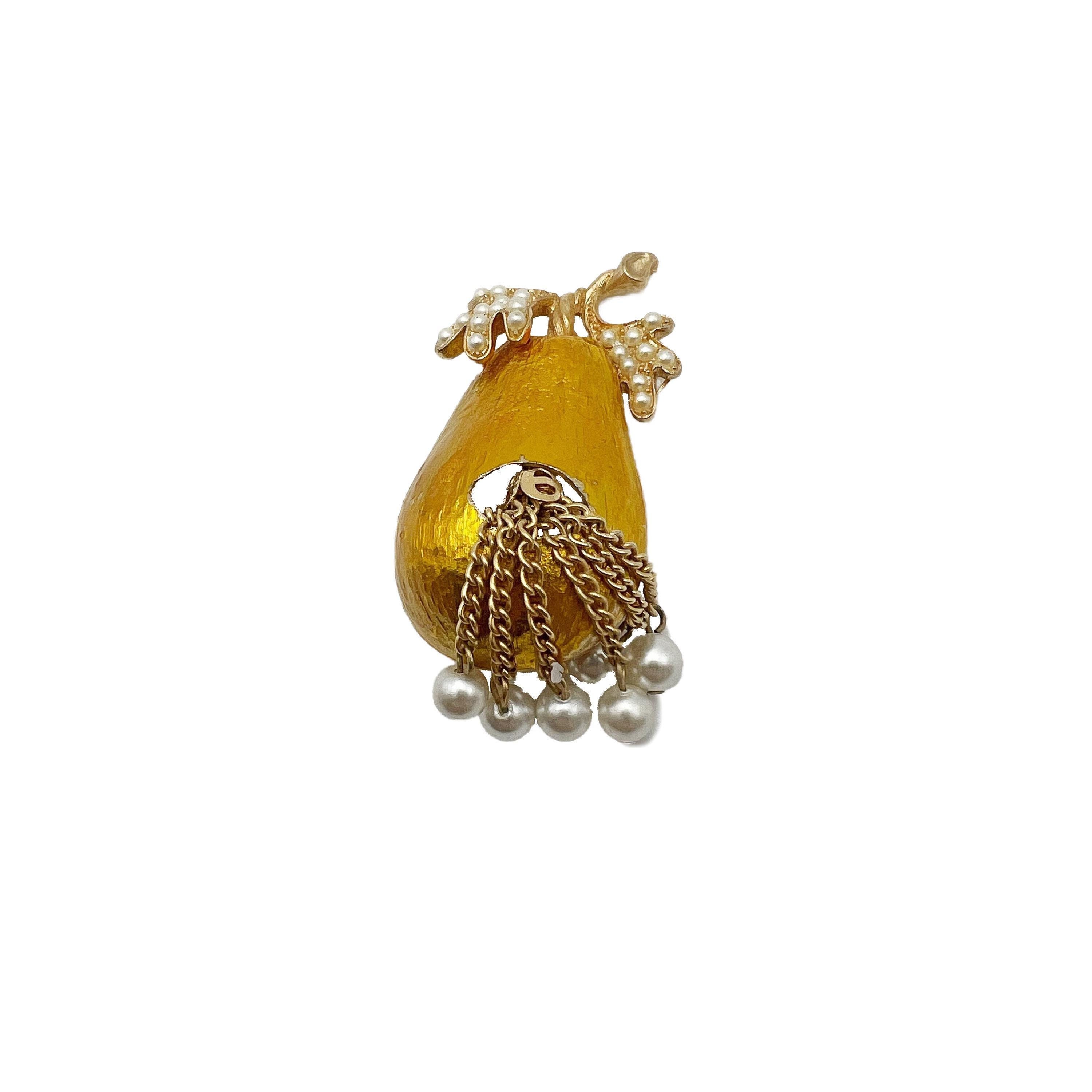 Broche Ancienne Barrette - Or Couleur, Perles Porcelaine Et Pampilles - Modèle 418 - Occasion Vintage
