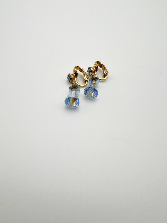Vintage Light Blue Rhinestone Clip On Earrings wi… - image 2