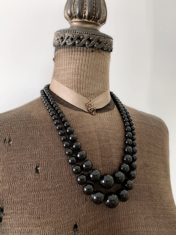 Vintage Japan Double Strand Black Plastic Bead Ne… - image 3