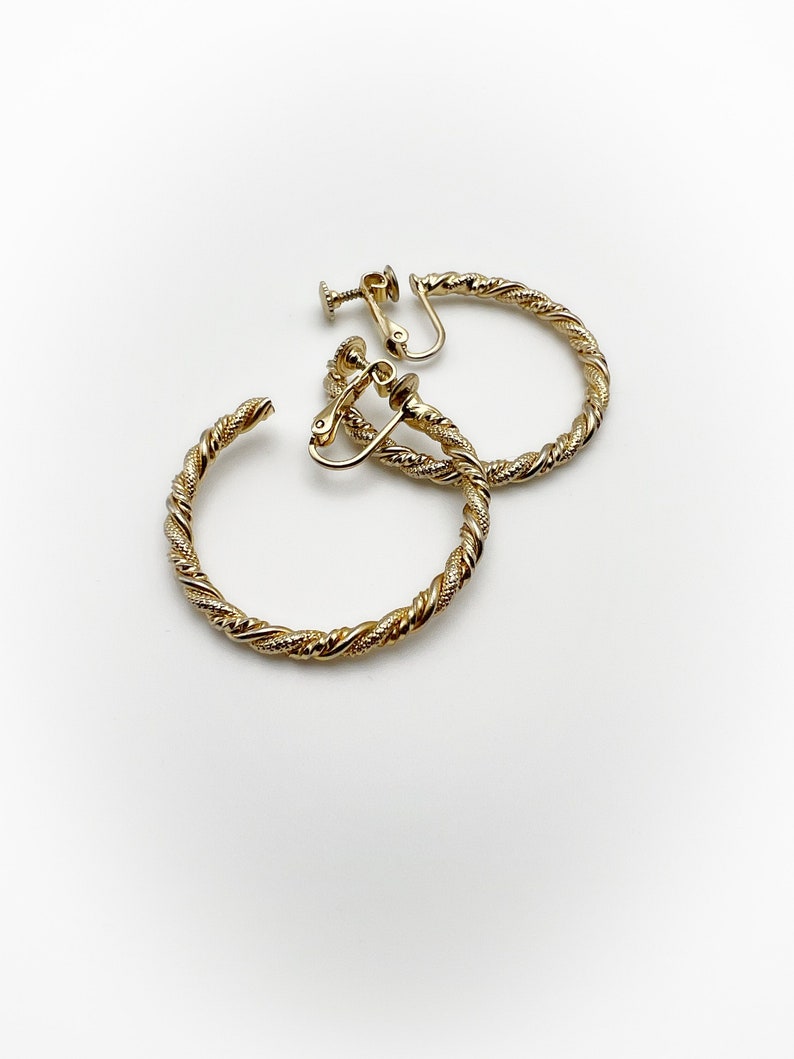 Vintage Rope Braid Gold Tone Metal Hoop Earrings with Clip On Screw Back Combo Backings image 1