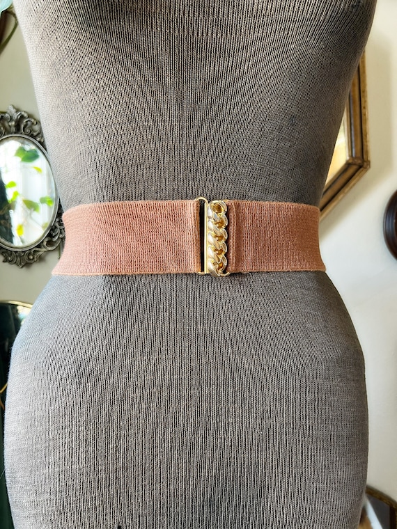 Vintage 1980s Light Brown Elastic Belt with Gold T