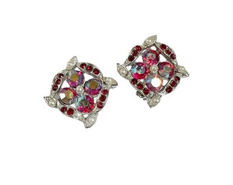 Vintage Red Rhinestone and Faux Pearl Clip On Earrings
