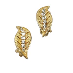 Vintage Gold Tone Metal Leaf Clip On Earrings with Rhinestone Center