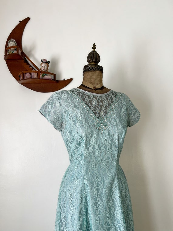 Vintage 1960s Union Made Aqua Blue Floral Lace Dr… - image 3