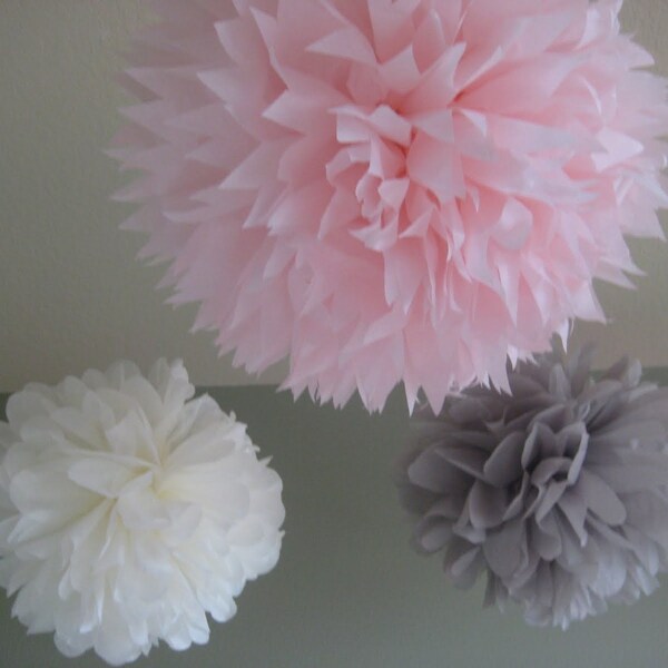 Age of Innocence - 3 Tissue Pom Kit - Feathery Pink and Soft Gray Paper Flowers - Portland Original
