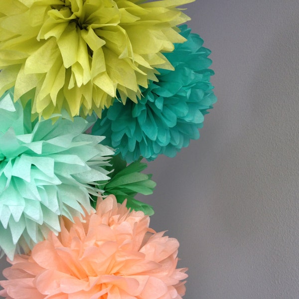 Choose Your Colors - SALE - 5 Tissue Pom Pom - Peach Mint Apple Green Cockatoo - Wedding Decoration Party - DIY Decor Kit