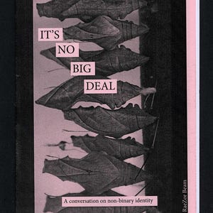 May include: A black and pink zine cover with the text "IT'S NO BIG DEAL" and "A conversation on non-binary identity." The image features a grayscale photo of overlapping leaves. The zine has a pink border and a black background.