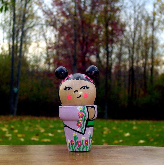 Items similar to Wooden Kokeshi doll with flower kimono on Etsy