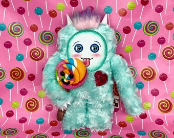 Handmade Plush Yeti Sweetheart w/ Lollipop, Faux Fur Snow Monster Licking Swirl Sucker, Abominable Plushie