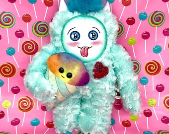 Handmade Plush Yeti Sweetheart with Snowcone, Faux Fur Abominable Monster
