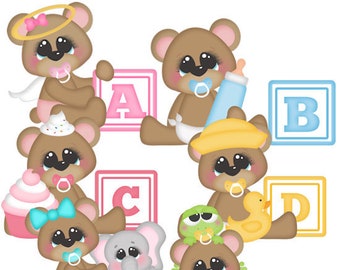 Baby Alphabet Bears A-F Clip Art-Digital Clipart-PNG clip art-digital scrapbooking-diy die cuts-cute baby bear-baby designs-bear clip art