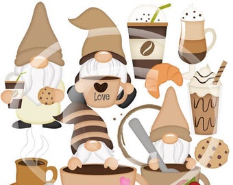 Coffee Gnomes Clip Art-Instant Download-Digital Clipart-coffee graphics-gnome sublimation designs-gnome designs-coffee designs