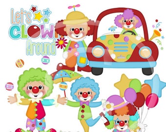 Cute Clowns Clip Art-Digital Clipart-PNG clip art-digital scrapbooking-diy die cuts-clown clip art-clown car-birthday clown-cute clown