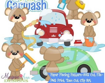 May include: A digital paper piecing pattern featuring cute cartoon bears washing cars. The pattern includes a red car, a green car, a bucket, a sponge, a hose, and a sign that says "Working at the Carwash".