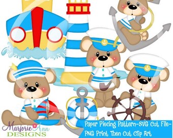 May include: A set of digital paper piecing patterns featuring cute sailor bear illustrations. The set includes a lighthouse, a boat, an anchor, a life preserver, a ship's wheel, and a sailor hat. The patterns are perfect for creating nautical themed crafts.