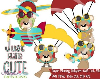 May include: A digital paper piecing pattern featuring cute teddy bears with aviator goggles, flying a plane and parachuting. The pattern includes the text "Just Plane Cute".