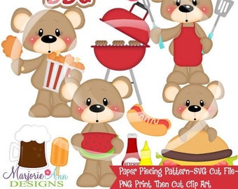 May include: Backyard BBQ paper piecing pattern with brown teddy bears, a red grill, and various food items like hot dogs, hamburgers, watermelon, and popcorn. The text "Backyard BBQ" is in yellow letters.