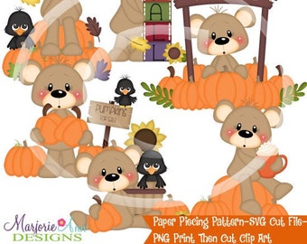 May include: A digital paper piecing pattern featuring brown teddy bears with pumpkins, a sign that says "I love Fall", and black birds. The pattern is perfect for fall crafts and scrapbooking.