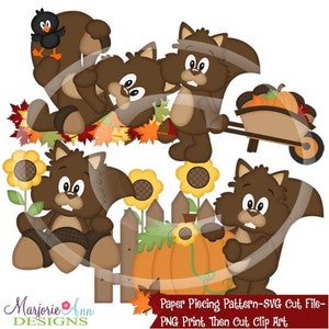 May include: A digital paper piecing pattern featuring cute brown squirrels with big eyes and bushy tails. The squirrels are surrounded by fall foliage, sunflowers, a pumpkin, and a wheelbarrow. The text "Paper Piecing Pattern-SVG Cut File-PNG Print. Then Cut, Clip Art" is at the bottom of the image.