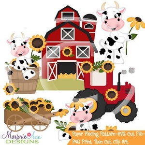 Archivos de corte SVG/Paper Piecing/PNG Clip Art - Vacas de granja de girasoles - Descarga instantánea - Impresión y corte - Elementos para álbumes de recortes - Troqueles - Archivo SVG de granja