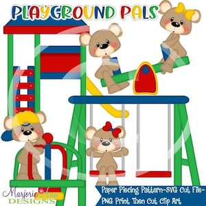 Può includere: Un modello di carta digitale che presenta quattro orsacchiotti marroni che giocano su un set di giochi colorato. Il set include uno scivolo, un'altalena e un'altalena. Il testo "PLAYGROUND PALS" è nella parte superiore dell'immagine.
