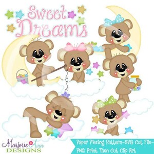 Può includere: Clipart digitale Sweet Dreams con cinque orsacchiotti marroni con espressioni e accessori diversi, tra cui una canna da pesca, un barattolo di stelle e un cuscino a forma di stella. Gli orsacchiotti sono su uno sfondo di nuvole bianche con una luna crescente gialla e stelle.