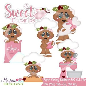 Può includere: Un set di cinque modelli digitali di paper piecing con personaggi di pan di zenzero in varie attività di cottura. I modelli includono un personaggio di pan di zenzero che tiene un sacchetto di zucchero, un personaggio di pan di zenzero che tiene una ciotola per mescolare, un personaggio di pan di zenzero che tiene un mattarello, un personaggio di pan di zenzero che tiene un sacchetto di farina e un personaggio di pan di zenzero che tiene una frusta. Il testo "Sweet as can be" è incluso nell'immagine.
