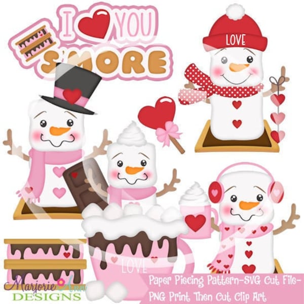 SVG Cut Files/Paper Piecing/PNG Clip Art-Snowman Smores Valentine-Instant Download-Print and Cut-Scrapbook Element-Die Cuts-Valentine Svg
